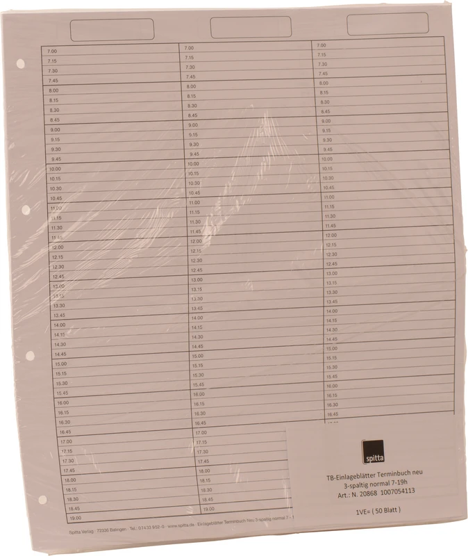 Innleggsark til pasientavtalebok med klokkeslett