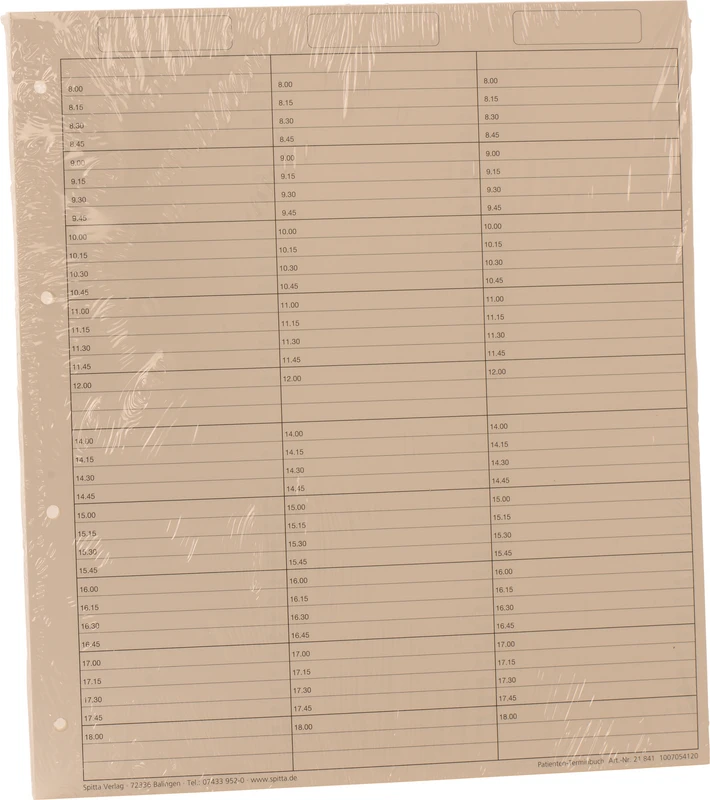 Innleggsark til pasientavtalebok med klokkeslett