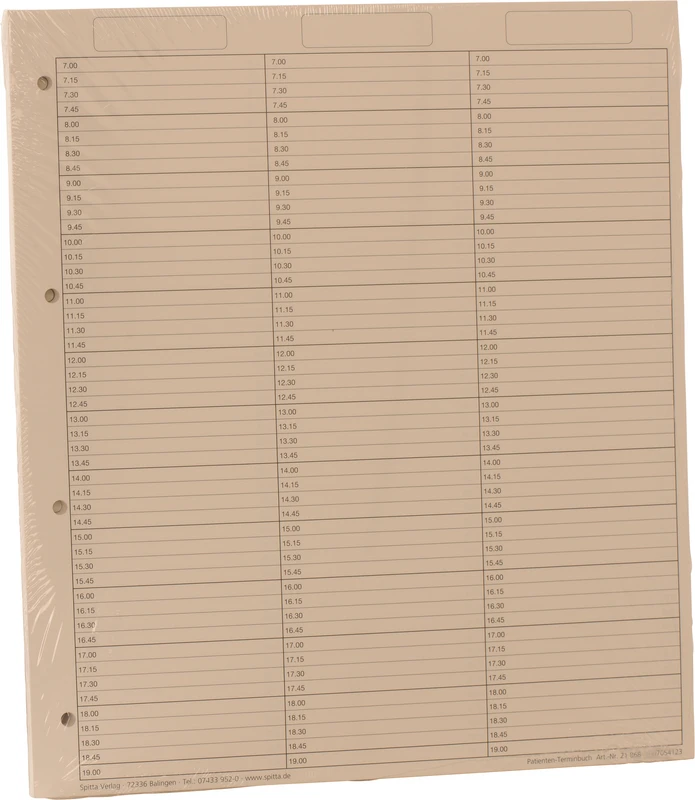 Innleggsark til pasientavtalebok med klokkeslett