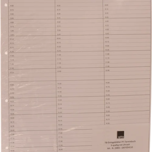 Innleggsark til pasientavtalebok med klokkeslett