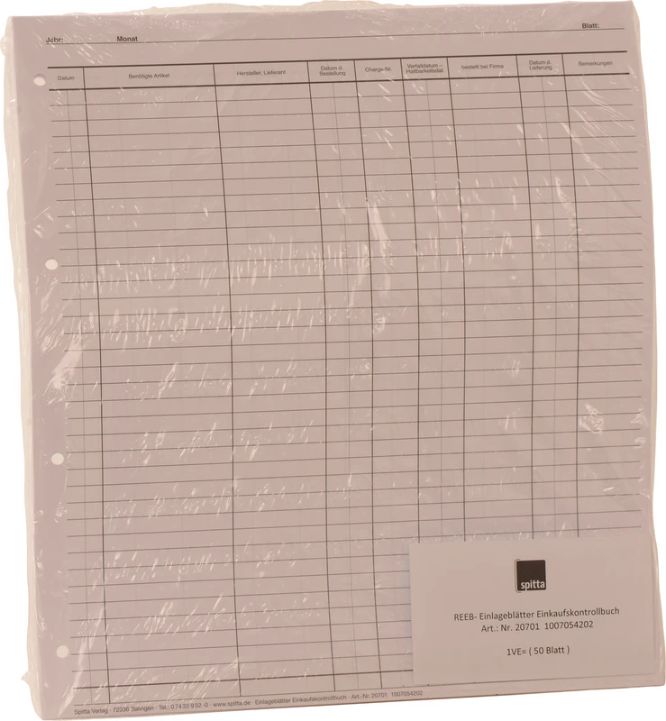 Innleggsark innkjøpskontrollbok